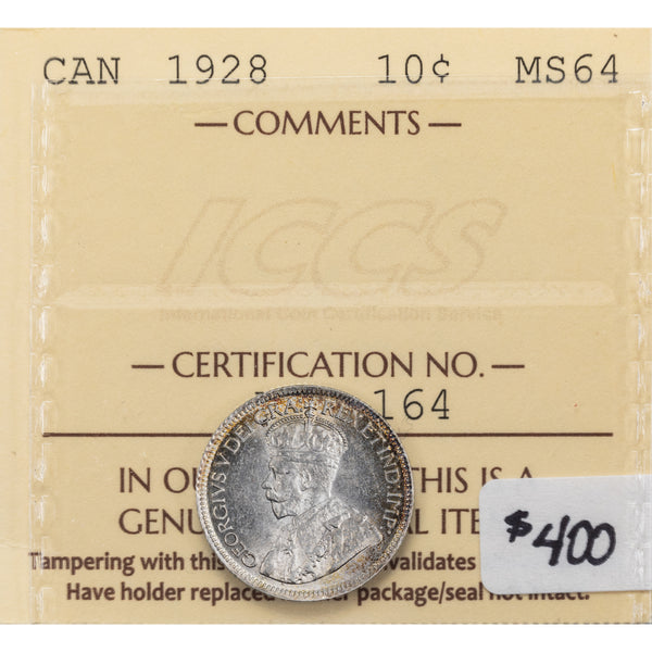 Canada 1928 10 Cents Dime Silver Coin - ICCS MS-64 - The Toronto