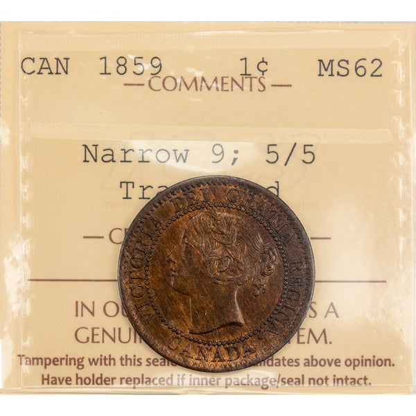 Canada 1859 N9 5/5 One Large Cent Coin - ICCS MS-62 Trace Red