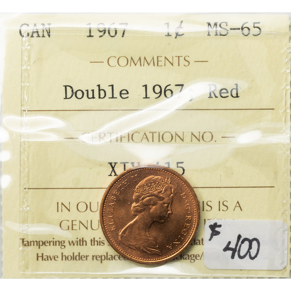 Canada 1967 Double Date 1 Small Cent Coin - ICCS MS-65 - The