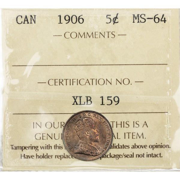 Canada 1906 5 Cents Silver Coin - ICCS MS-64 - The Toronto Coin Shop