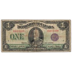 Front of an ungraded 1923 Dominion of Canada 1 Dollar banknote (Campbell-Sellar signatures, Purple Seal, DC-25l, 1/2" Tear, Serial/SKU: C6411359), featuring central portrait of King George V, purple seal, black border lathework, and serial number C6411359.