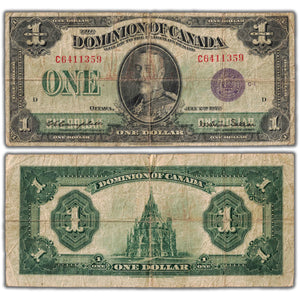 $1 1923 Dominion of Canada Note Campbell-Sellar Purple Seal DC-25l - 1/2" Tear