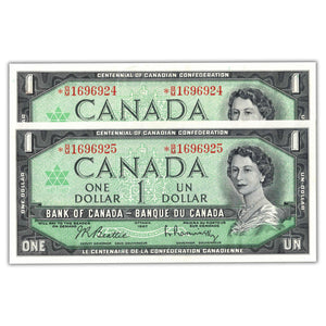 $1 1967 Bank of Canada Notes *B/M Replacement Prefix BC-45bA-i - 2 Consec AU/UNC