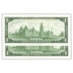 Back view of two consecutive ungraded 1967 Bank of Canada $1 Confederation Centennial banknotes (*B/M replacement prefix, BC-45bA-i, Grade AU/UNC, Serial/SKU: *B/M 1696924-5), displaying green protective lathework with the original 1867 Canadian Parliament Buildings in Ottawa.