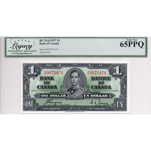 SOLD $1 1937 Bank of Canada Note Coyne-Towers W/N Prefix BC-21d - Legacy UNC-65 PPQ