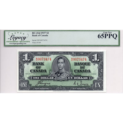 SOLD $1 1937 Bank of Canada Note Coyne-Towers W/N Prefix BC-21d - Legacy UNC-65 PPQ