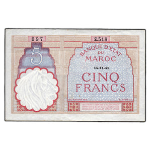 SOLD Marocco 1941 5 Francs Note