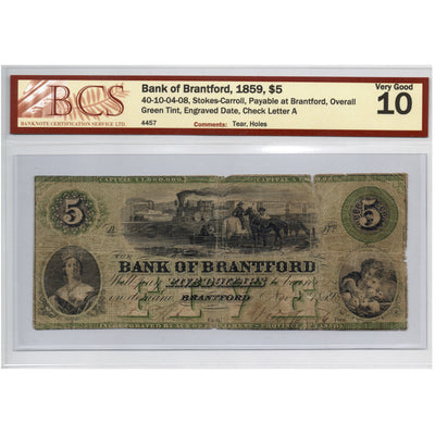 SOLD $5 1859 Bank of Brantford Chartered Note #40-10-04-08 - BCS VG-10