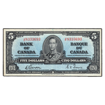 SOLD $5 1937 Bank of Canada Note Gordon-Towers J/C Prefix BC-23b - AU
