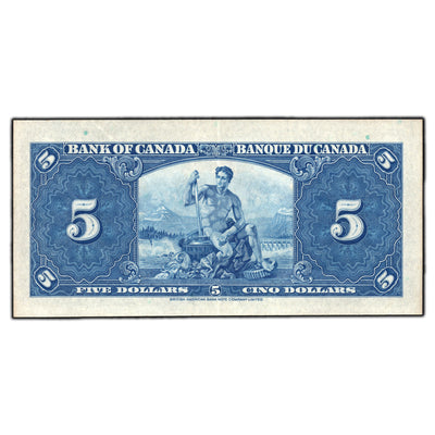 SOLD $5 1937 Bank of Canada Note Gordon-Towers J/C Prefix BC-23b - AU