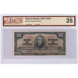 SOLD $100 1937 Bank of Canada Note Osborne Signature BC-27a - BCS VF-25