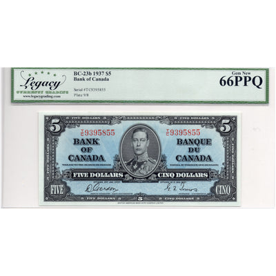 SOLD $5 1937 Bank of Canada Note Gordon-Towers T/C Prefix BC-23b - Legacy UNC-66 PPQ