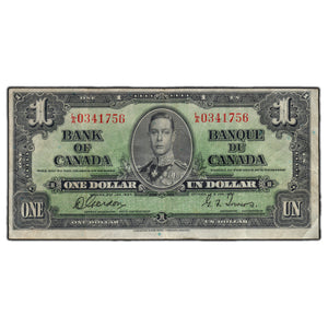 SOLD $1 1937 Bank of Canada Note Gordon-Towers L/A Prefix BC-21c - VF