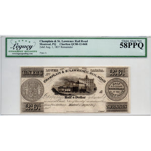 SOLD 2 Sous 6 Pence / Ecu 1837 Champlain St Lawrence Rail Road Note - LCG AU-58 PPQ