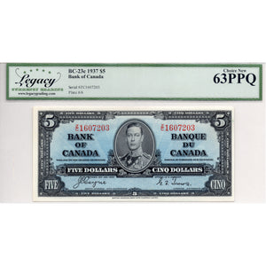 SOLD $5 1937 Bank of Canada Note Coyne-Towers Z/C Prefix BC-23c - Legacy UNC-63 PPQ