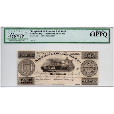 SOLD 2 Sous 6 Pence / Ecu 1837 Champlain St Lawrence Rail Road Note - LCG UNC-64 PPQ
