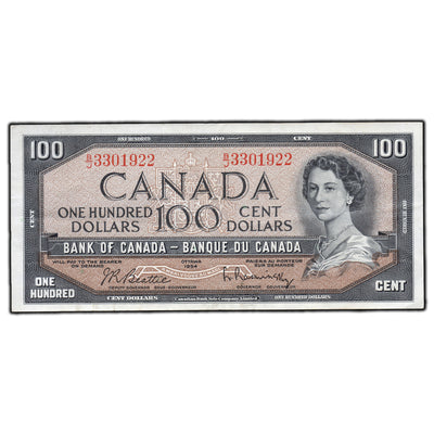 SOLD $100 1954 Bank of Canada Note Beattie-Rasminsky B/J Prefix BC-43b - Circulated