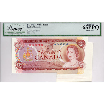 SOLD $2 1974 Bank of Canada Note Major Cutting Error - Legacy Gem UNC-65 PPQ