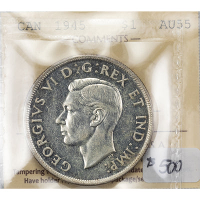 SOLD Canada 1945 $1 Silver Dollar Coin - ICCS AU-55 Key Date