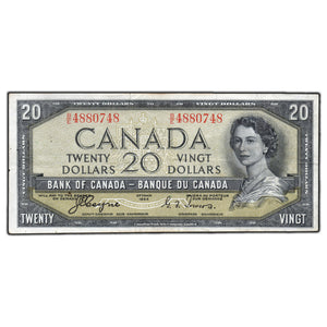 SOLD $20 1954 Bank of Canada Note Devil Face B/E Prefix BC-33a - Edge Tear
