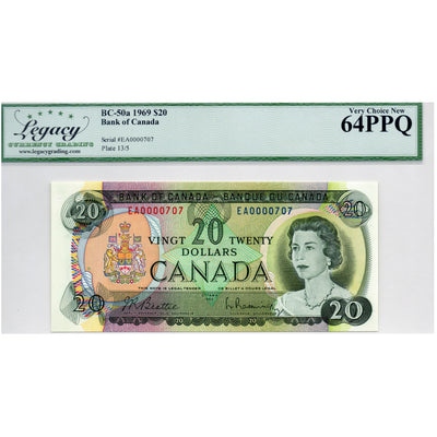 SOLD $20 1969 Bank of Canada Note Low Serial #707 - Legacy UNC-64 PPQ