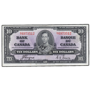 SOLD $10 1937 Bank of Canada Note Coyne-Towers K/T Prefix BC-24c - EF