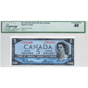 SOLD $5 1954 Bank of Canada Note Devil Face C/C Prefix BC-31b - Legacy EF-40
