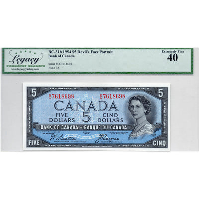 SOLD $5 1954 Bank of Canada Note Devil Face C/C Prefix BC-31b - Legacy EF-40
