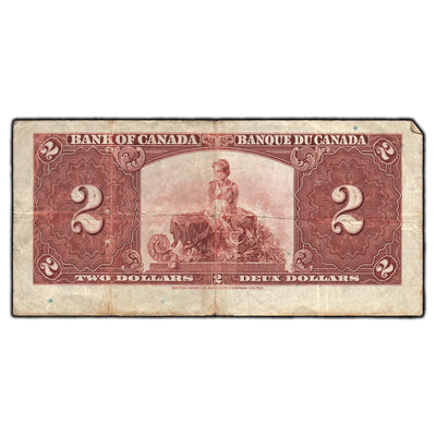 SOLD $2 1937 Bank of Canada Note Osborne Signature B/B Prefix BC-22a - Fine