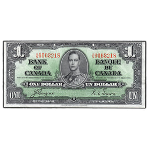 SOLD $1 1937 Bank of Canada Note Coyne-Towers U/N Prefix BC-21d - VF/EF