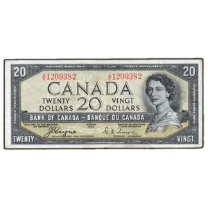 SOLD $20 1954 Bank of Canada Note Devil Face A/E Prefix BC-33a - F/VF