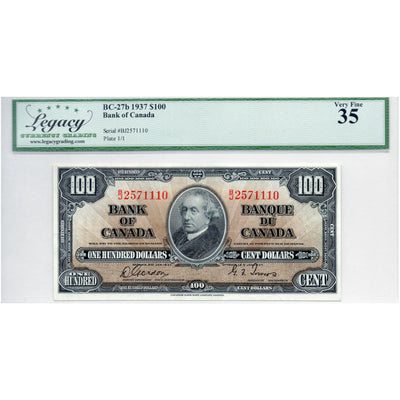 SOLD $100 1937 Bank of Canada Note Gordon-Towers B/J Prefix BC-27b - Legacy VF-35