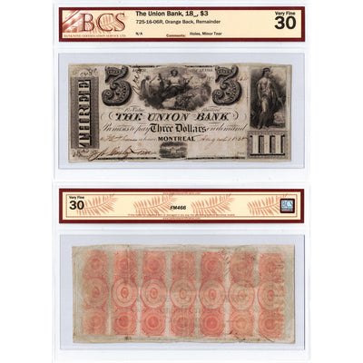 The Union Bank 18__ $3 Remainder Note #725-16-06R - BCS VF-30