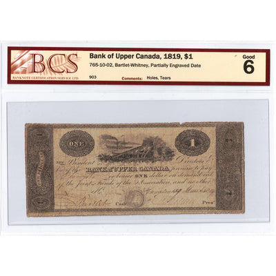 Bank of Upper Canada 1819 $1 Note #765-10-02 - BCS G-6