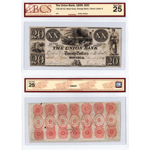 The Union Bank 1839 $20 Note Rare Issue #725-16-12 - BCS VF-25