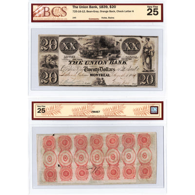 The Union Bank 1839 $20 Note Rare Issue #725-16-12 - BCS VF-25