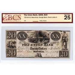 The Union Bank 1839 $20 Note Rare Issue #725-16-12 - BCS VF-25