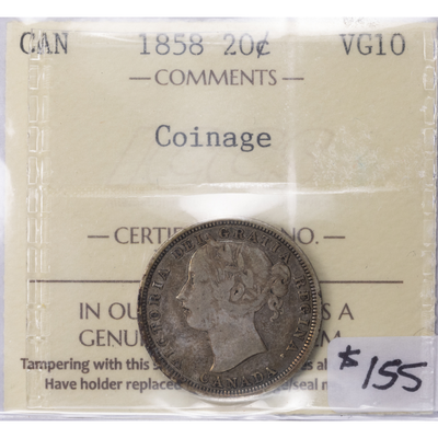 SOLD Canada 1858 Coinage 20 Cents Silver Coin - ICCS VG-10