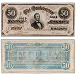 Full front and back view of an 1864 Confederate States of America fifty-dollar banknote, item number 15879, in Extremely Fine to About Uncirculated condition.