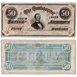 Full front and back view of an 1864 Confederate States of America fifty-dollar banknote, item number 15879, in Extremely Fine to About Uncirculated condition.