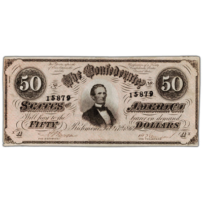 Front side of an 1864 CSA fifty-dollar bill number 15879 featuring a central portrait of Jefferson Davis, showing two minor edge tears in EF/AU condition.