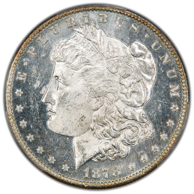 Front view of an 1878-S Morgan Silver Dollar graded PCGS MS-63 showing strong mint luster and Lady Liberty's profile.