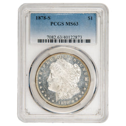 Front view of PCGS protective slab encasing an 1878-S $1 Morgan Silver Dollar graded MS-63 with serial number 40122873.