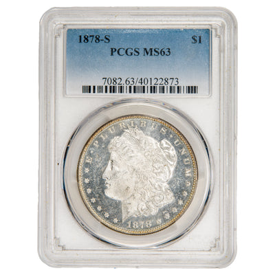 Front view of PCGS protective slab encasing an 1878-S $1 Morgan Silver Dollar graded MS-63 with serial number 40122873.