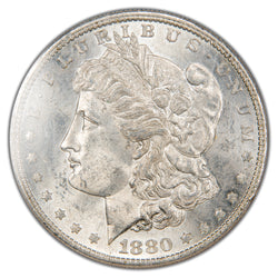 Detailed front view of 1880-S Morgan Silver Dollar featuring profile of Lady Liberty with original mint luster and light contact marks.