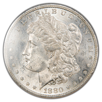 Detailed front view of 1880-S Morgan Silver Dollar featuring profile of Lady Liberty with original mint luster and light contact marks.