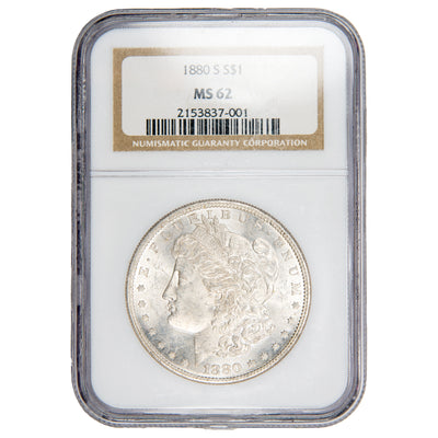 United States 1880-S Morgan Silver Dollar graded NGC MS-62 in clear protective holder, showing obverse Lady Liberty with certification number 2155837-001.