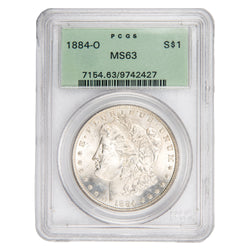 Front view of PCGS protective slab encasing an 1884-O $1 Morgan Silver Dollar graded MS-63 with serial number 09742427.