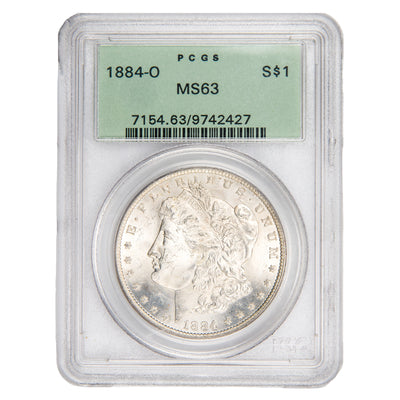 Front view of PCGS protective slab encasing an 1884-O $1 Morgan Silver Dollar graded MS-63 with serial number 09742427.