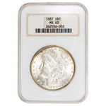 NGC certified slab showing the obverse of an 1887 Morgan Silver Dollar graded MS 63, featuring Liberty wearing a Phrygian cap.